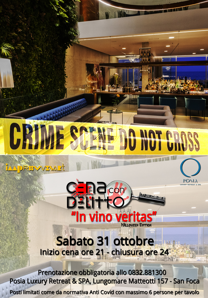 Cena con Delitto "In vino veritas" sabato 31 ottobre al Posia Luxury Retreat & SPA a San Foca