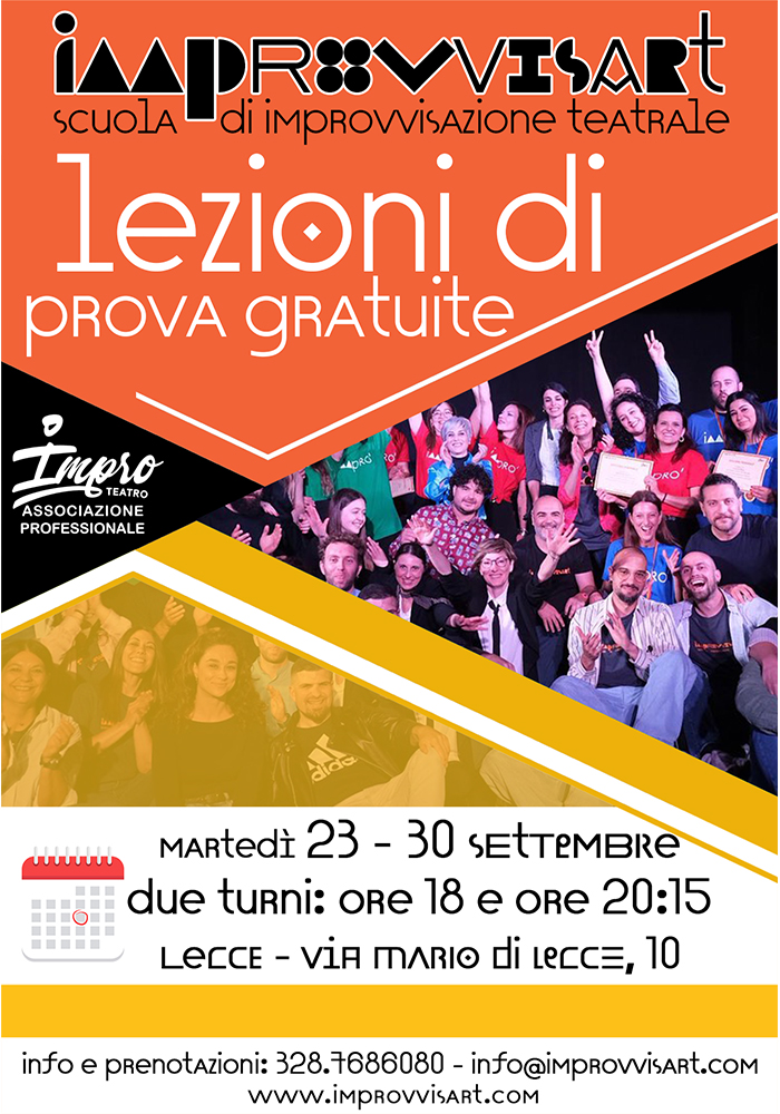 Lezioni prova di improvvisazione teatrale della Scuola Improvvisart il 23 e 30 settembre 2025 a Lecce Lezioni prova di improvvisazione teatrale della Scuola Improvvisart il 23 e 30 settembre 2025 a Lecce