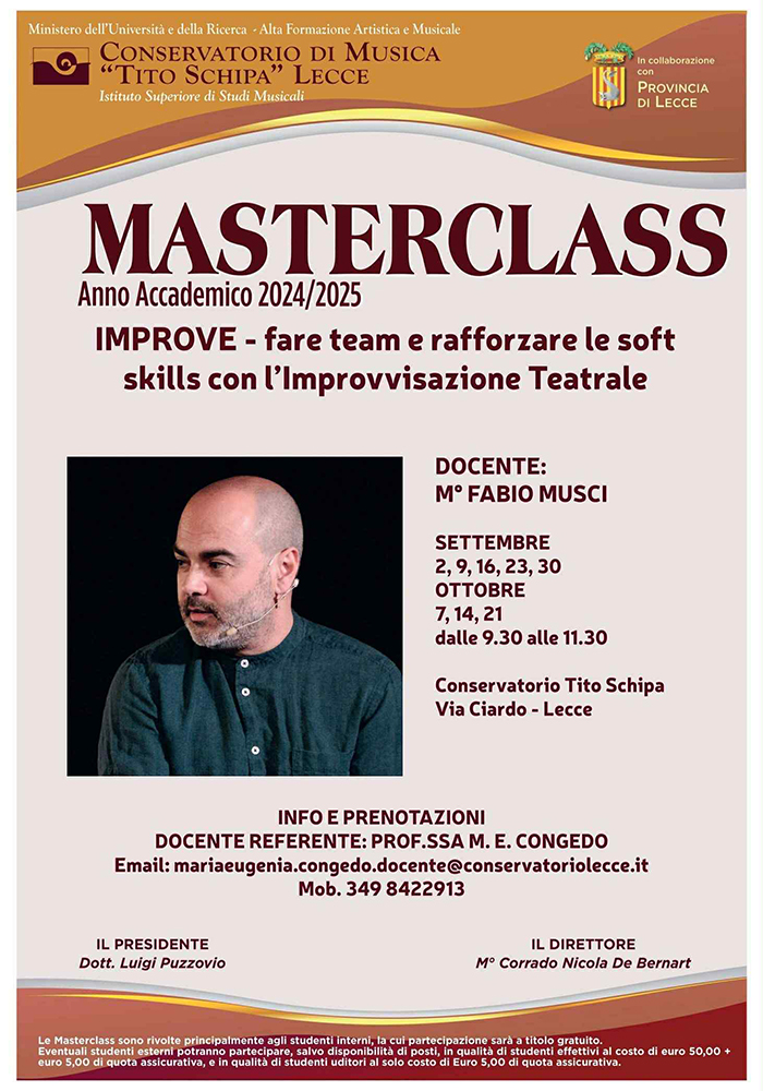 Masterclass "Improve: fare team e rafforzare le soft skills con l'improvvisazione teatrale" con il docente Fabio Musci Masterclass "Improve: fare team e rafforzare le soft skills con l'improvvisazione teatrale" con il docente Fabio Musci