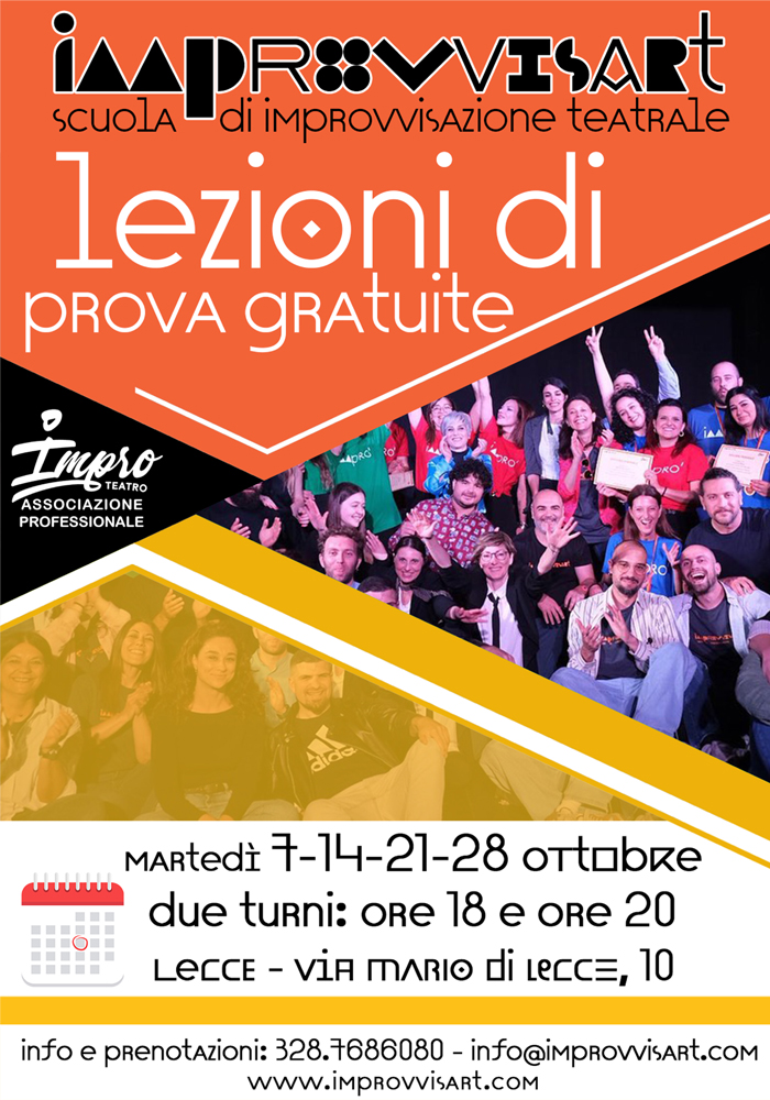 Lezioni prova gratuite di improvvisazione teatrale i martedì di ottobre presso la sede di Improvvisart a Lecce Lezioni prova gratuite di improvvisazione teatrale i martedì di ottobre presso la sede di Improvvisart a Lecce