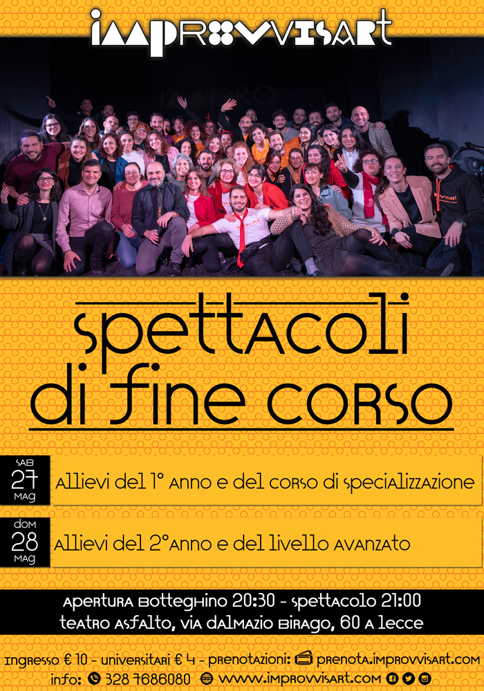 Spettacoli di fine corso della Scuola Nazionale di Improvvisazione Teatrale di Lecce sabato 27 e domenica 28 maggio 2023